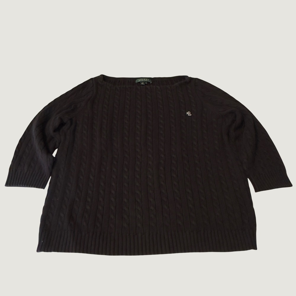 Lauren Ralph Lauren Sweater Black Cable Knit Boat Neck 1X Preppy Cotton Logo